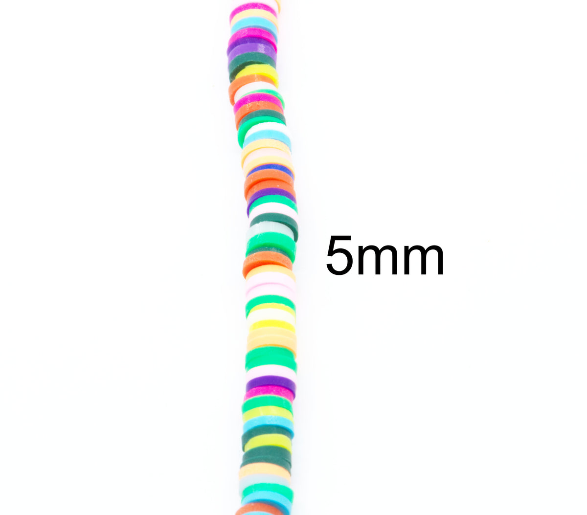 A vertical strand of rainbow polymer clay disc beads, labeled with the text '5mm' printed to the right to indicate size on a plain white background.