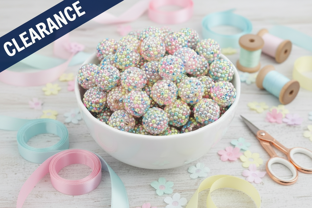 White bowl filled with pastel rainbow rhinestone beads on a light wooden surface with ribbons and scissors with a clearance banner 