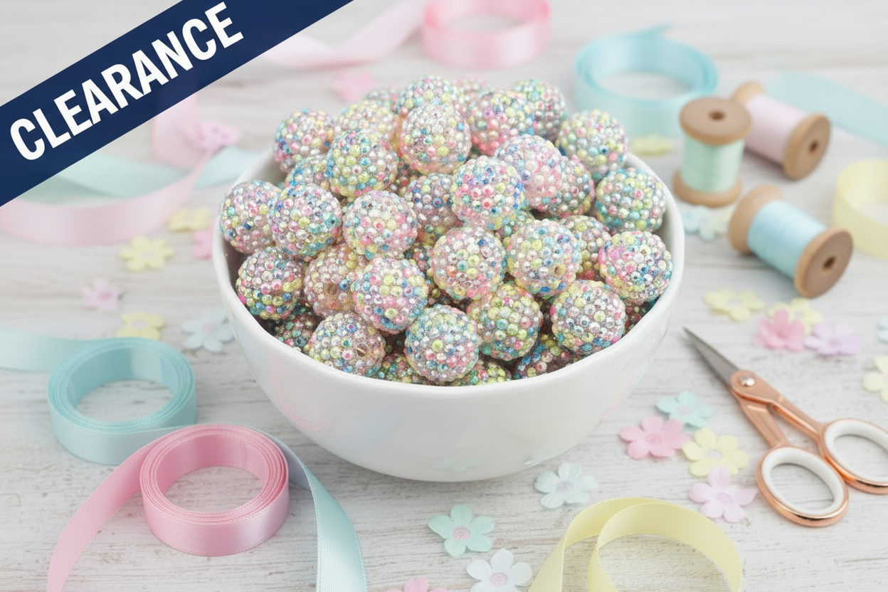 White bowl filled with pastel rainbow rhinestone beads on a light wooden surface with ribbons and scissors with a clearance banner 