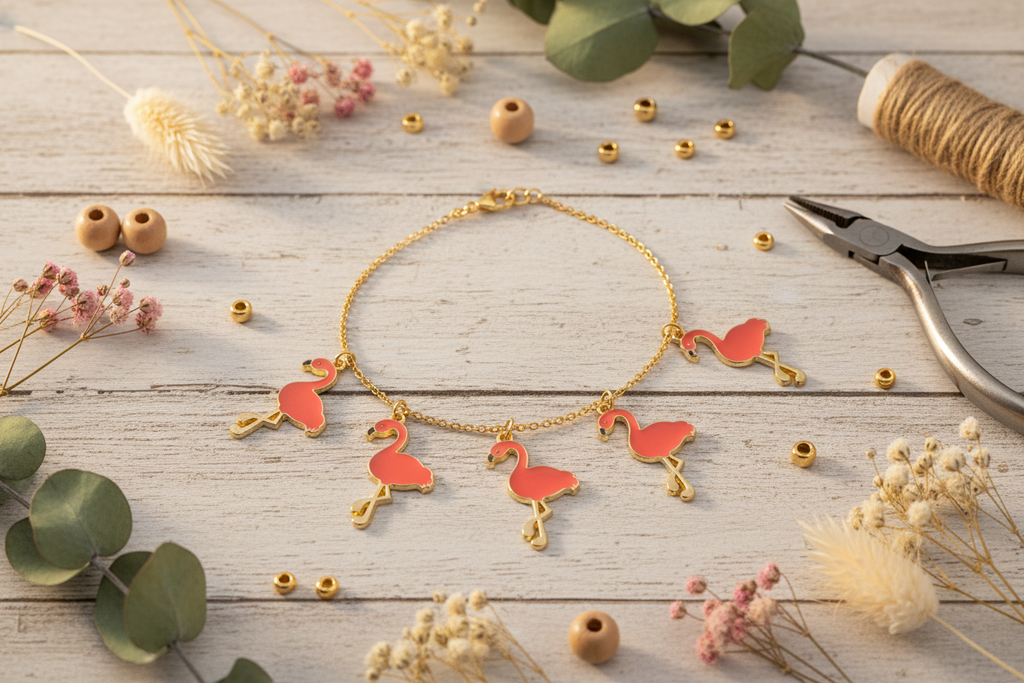 A gold chain bracelet with five flamingo charms, each filled with coral pink enamel, displayed on a light wood background with craft props like pliers, beads, and dried flowers.