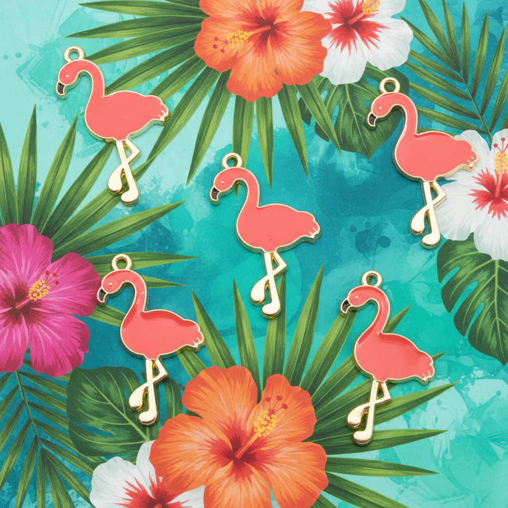 Five coral flamingo jewelry charms with gold-tone loops, arranged on a tropical background of green palm leaves and hibiscus flowers.