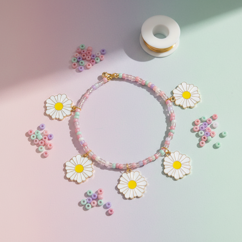 A handmade beaded bracelet with daisy charms arranged in a circle on a pastel pink and mint background, with loose beads and a spool of cord nearby.