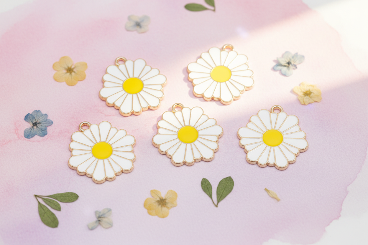 Five white daisy-shaped charms with yellow centers and gold-tone loops, arranged on a soft pink background with small pressed flowers and leaves.