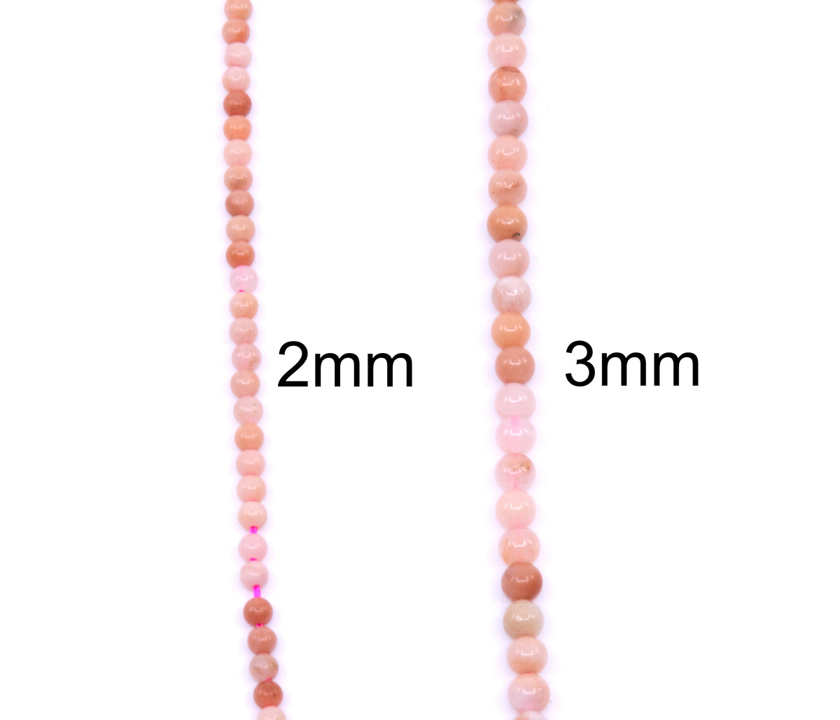 Two strands of dark pink aventurine round beads shown on a white background, labeled 2mm and 3mm, indicating size 