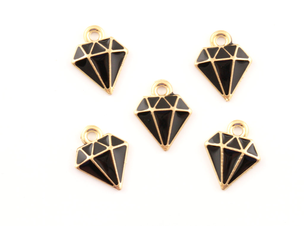 Five black and gold diamond-shaped jewelry charms with cutout facets, arranged on a plain white background.