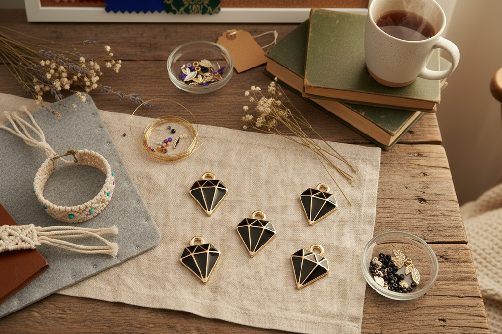 Five black and gold diamond-shaped pendant charms are arranged on a beige linen cloth on a rustic wooden table, surrounded by crafting supplies, books, a mug of tea, and dried flowers.