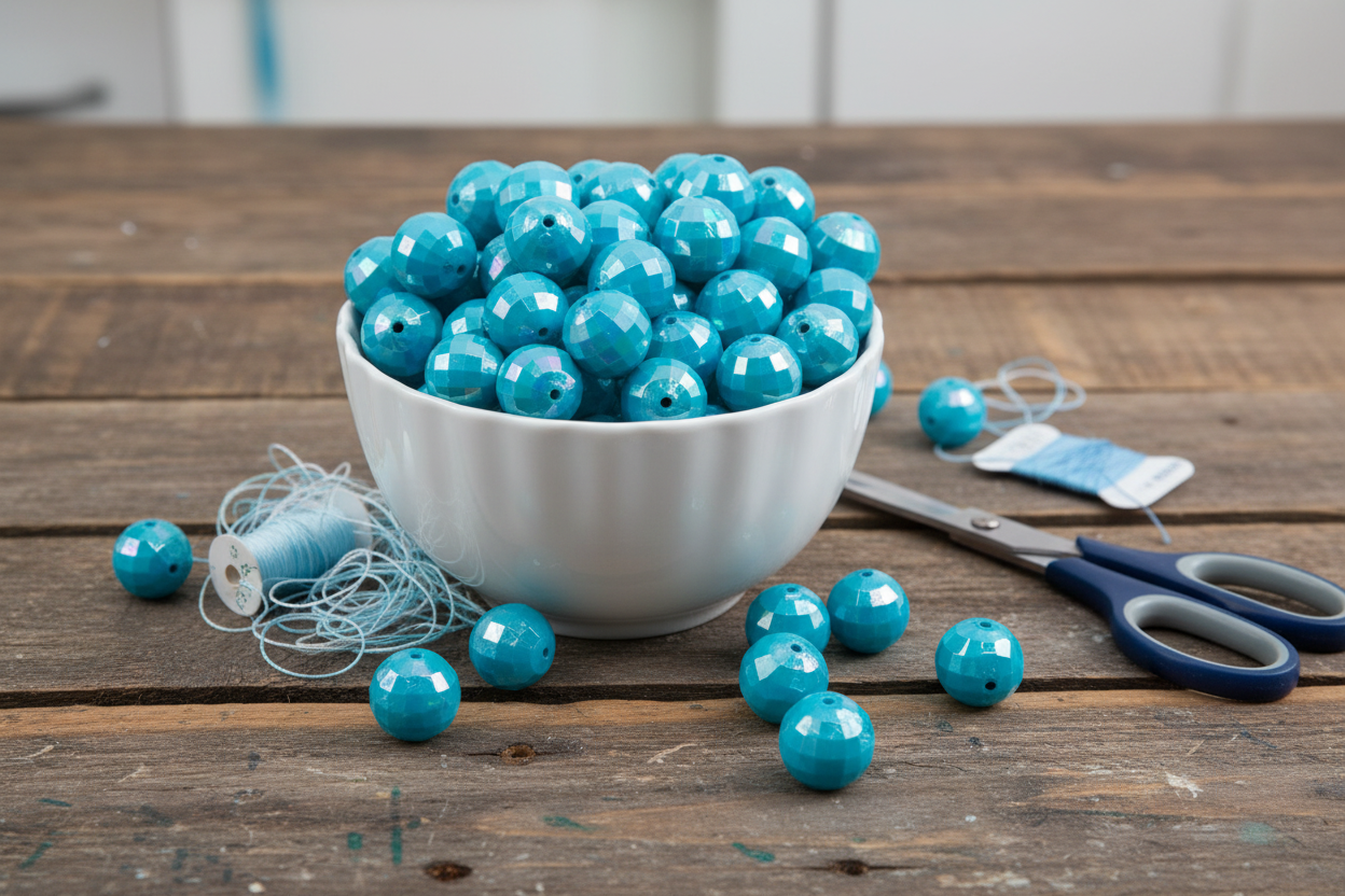 light blue faceted beads in a white bowl on a wooden surface with scissors and string.