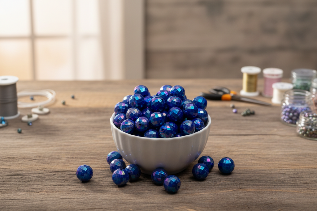 White bowl filled with blue faceted beads on a wooden surface with sewing supplies.