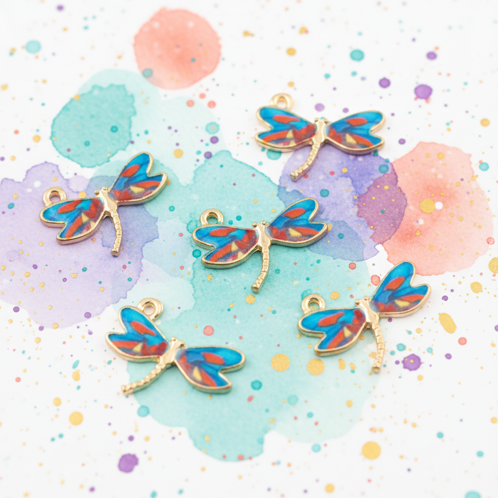 Five dragonfly charms with gold-tone metal bodies and wings patterned in blue, red, and orange, arranged on a white background with colorful watercolor paint splatters.