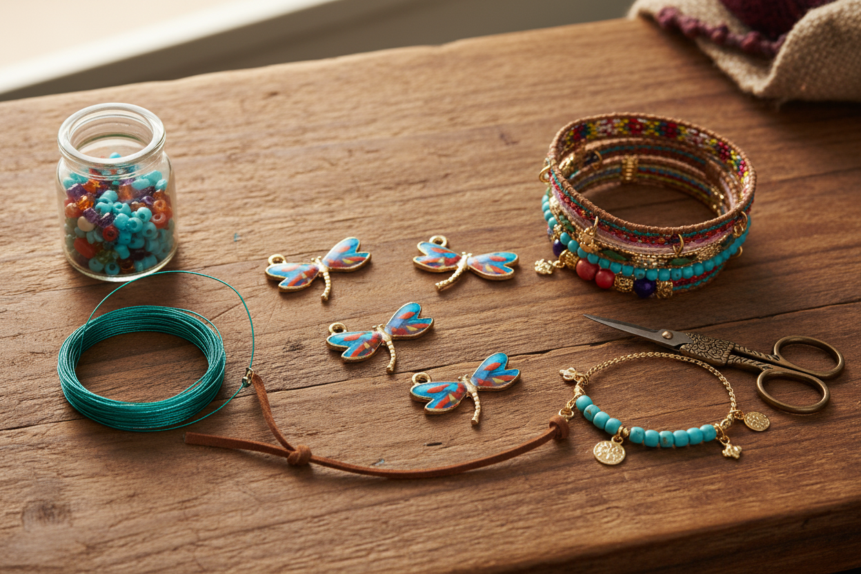 Beaded jewelry-making supplies arranged on a wooden table, including turquoise wire, a small glass jar of colorful beads, a stack of patterned bangles, dragonfly charms, a beaded bracelet, and scissors.