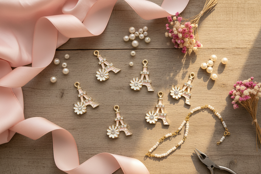 A styled flat-lay of jewelry-making components on a wooden surface, including several pink Eiffel Tower and flower charms, pearl beads, a pearl-and-gold chain, pink ribbon, dried flowers, and pliers.