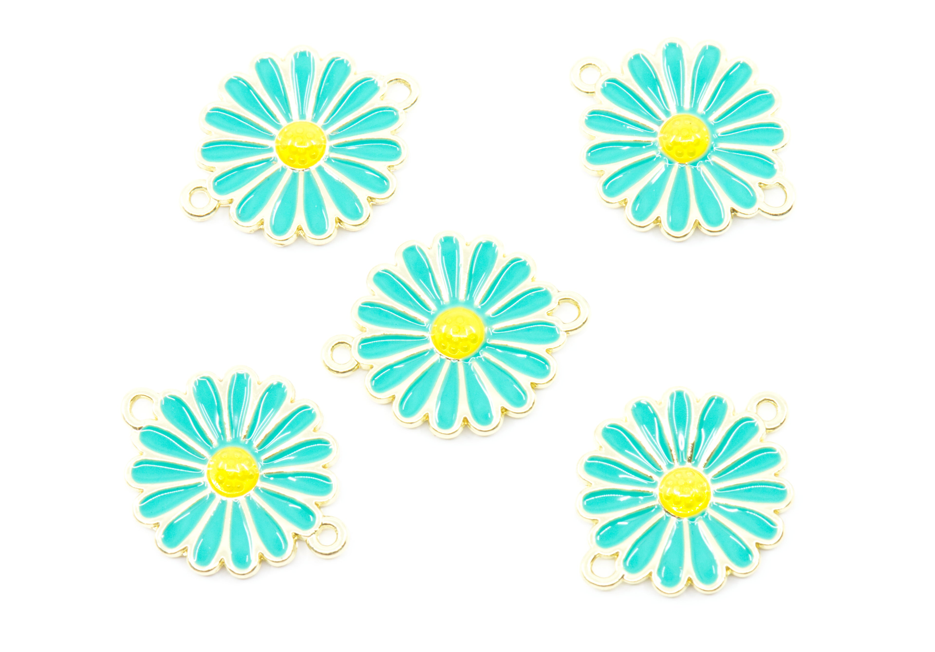 Five blue and yellow enamel daisy flower charms with gold-tone metal borders and small hanging loops, arranged on a plain white background.