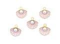 Five gold-plated shell-shaped charms with pale pink enamel inlay and a white faux pearl in the center, arranged on a plain white background.