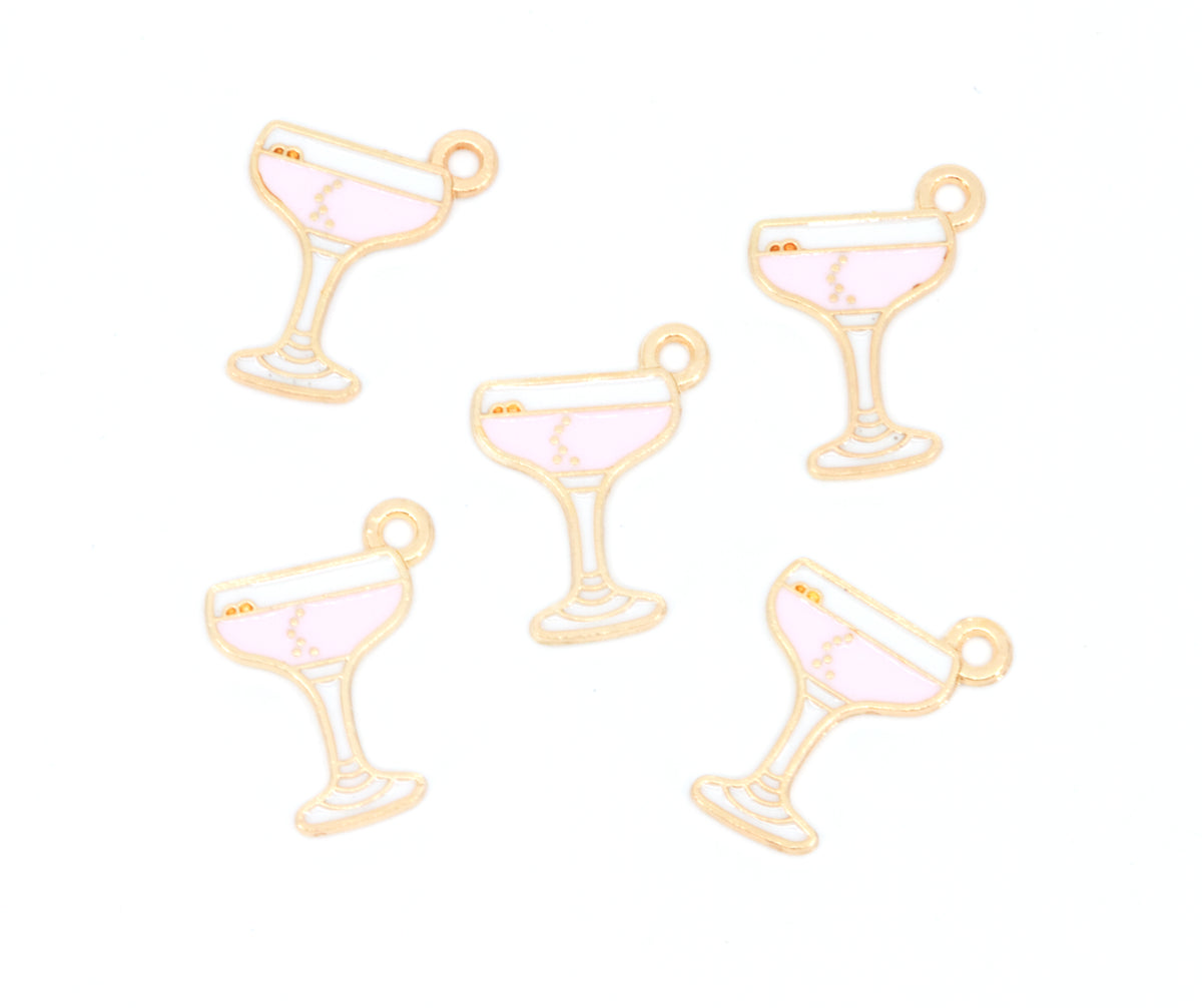 Pink Cocktail Glass Enamel Charms - Lot of Five