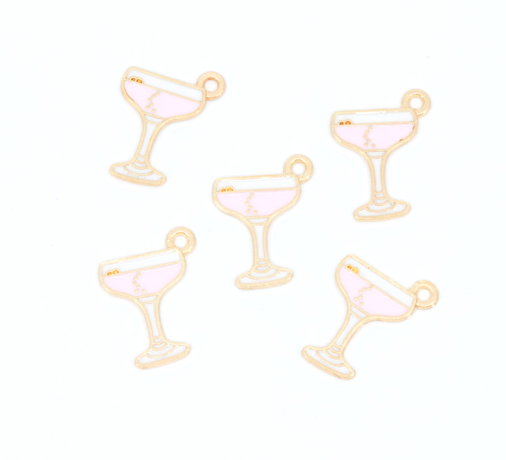 Pink Cocktail Glass Enamel Charms - Lot of Five