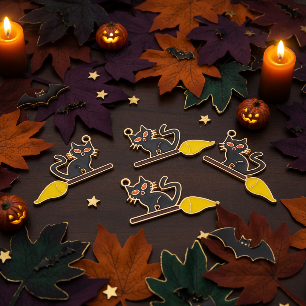 Four Halloween-themed enamel pins shaped like black cats riding broomsticks, arranged on a dark wooden surface surrounded by autumn leaves, candles, and jack-o'-lanterns.