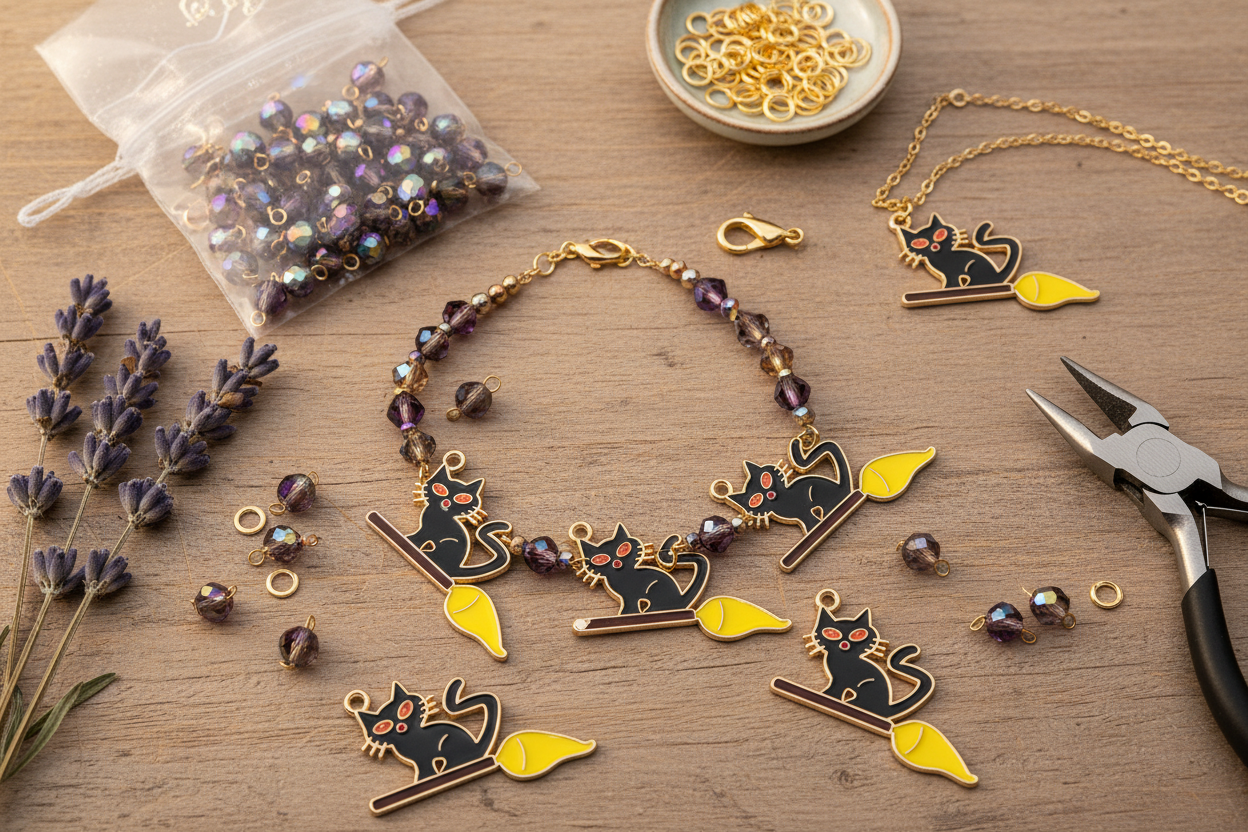 A flat-lay of a beaded bracelet and matching necklace featuring black cat charms on yellow broomsticks, displayed on a wooden surface with crafting tools, loose beads, and lavender.