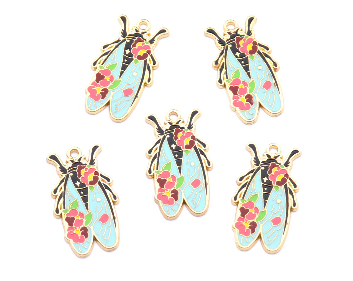 Five identical decorative charms shaped like cicadas with light blue wings, black bodies, pink flowers, and green leaves, arranged on a plain white background.