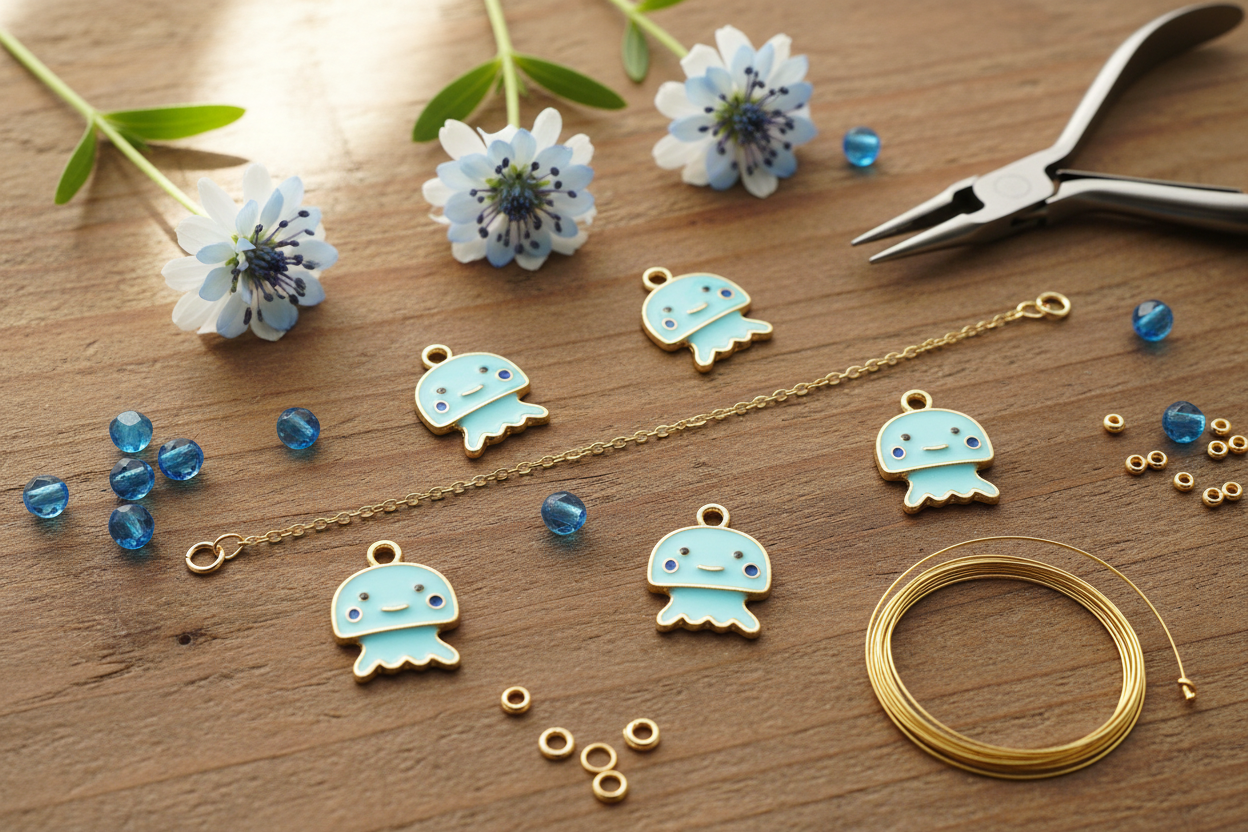 A jewelry-making flat lay on a wooden surface showing five light blue jellyfish charms with gold trim, blue beads, gold wire, jump rings, pliers, and small flowers.