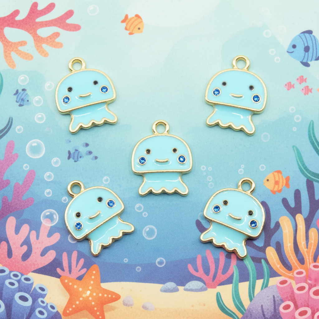 Five light blue jellyfish charms with gold-tone edges and small blue rhinestone eyes, arranged on a colorful underwater-themed background with coral, fish, bubbles, and a starfish.