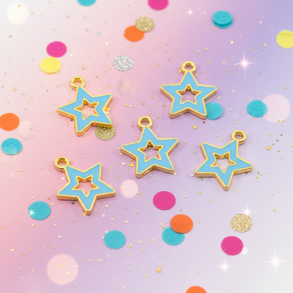 Five star-shaped jewelry charms with light blue enamel and gold borders, arranged on a pastel pink and purple background with colorful confetti and glitter.