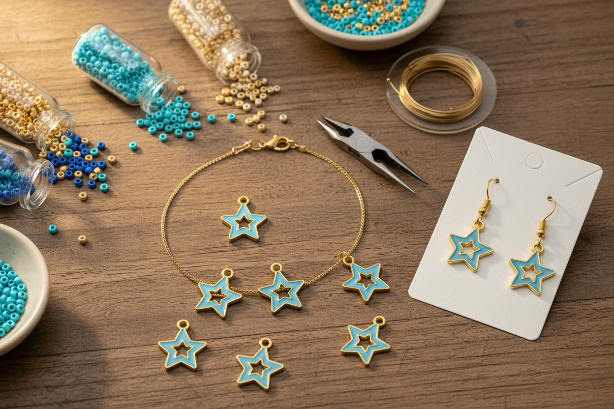 Gold jewelry set with blue star charms, including a bracelet, matching earrings on a white card, and several loose charms, arranged on a wooden table with beads, wire, and pliers.