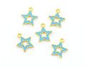 Five star-shaped jewelry charms with light blue enamel and gold metal trim, arranged on a plain white background.