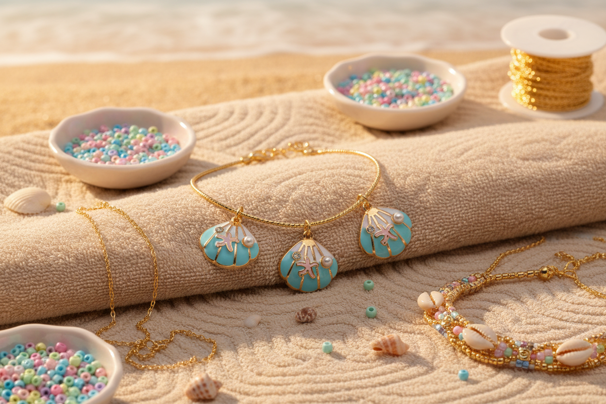 Gold jewelry pieces, including a bracelet and necklaces, decorated with turquoise and white seashell charms, arranged on a sandy beach-style surface with bowls of colorful beads and shells.