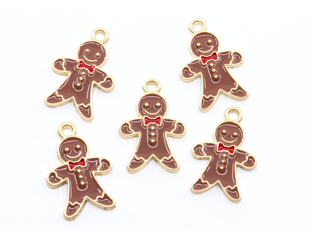Brown Gingerbread Man Enamel Charms - Lot of Five