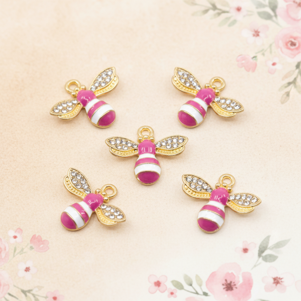 Five gold bee-shaped jewelry charms with pink and white striped bodies and clear rhinestone wings, arranged on a light pink floral background.