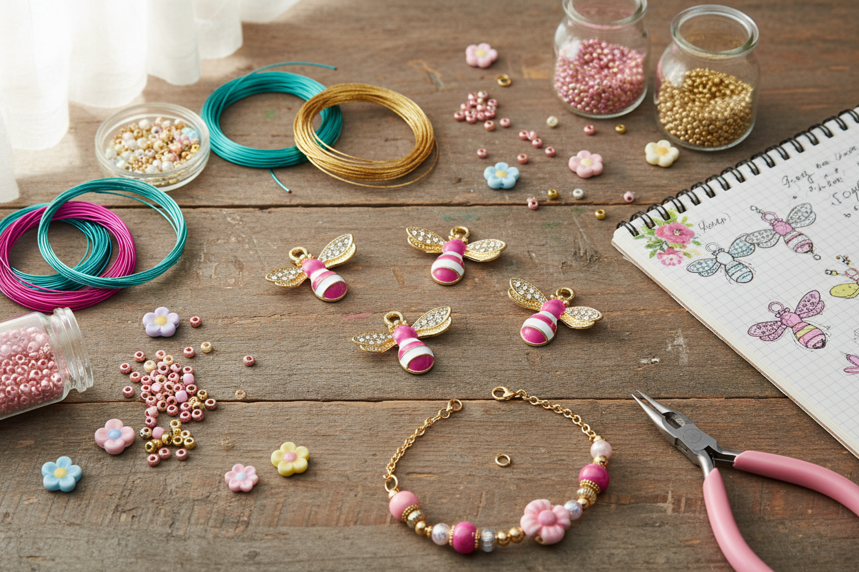 A styled flat-lay of jewelry-making supplies on a rustic wooden table, featuring pink and gold bee charms, beads, wire, pliers, and a sketchbook.