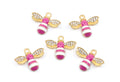 Five gold bee charms with pink and white striped bodies and clear rhinestone wings, arranged on a plain white background.