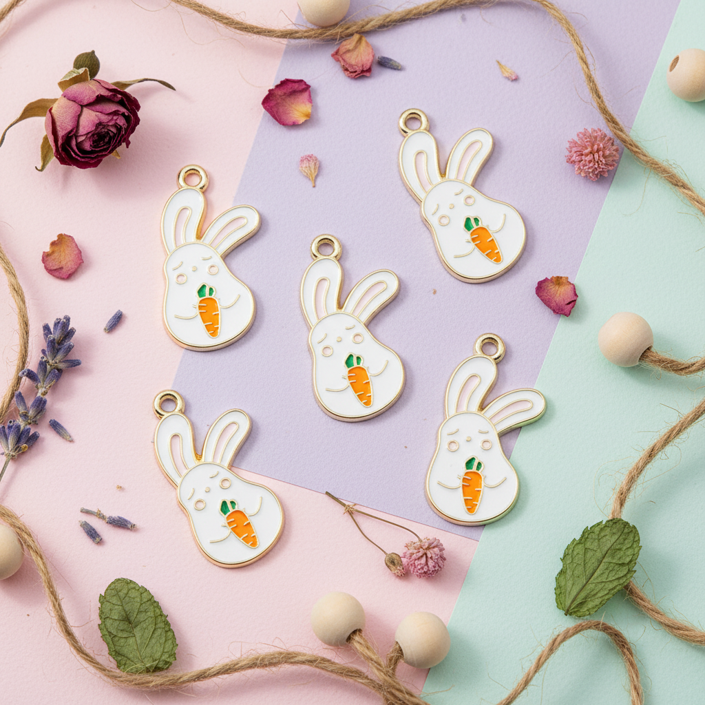 Five white bunny charms with gold-tone borders and orange carrot details are arranged on pastel pink, lavender, and mint background panels with decorative dried flowers, lavender, mint leaves, wooden beads, and twine.