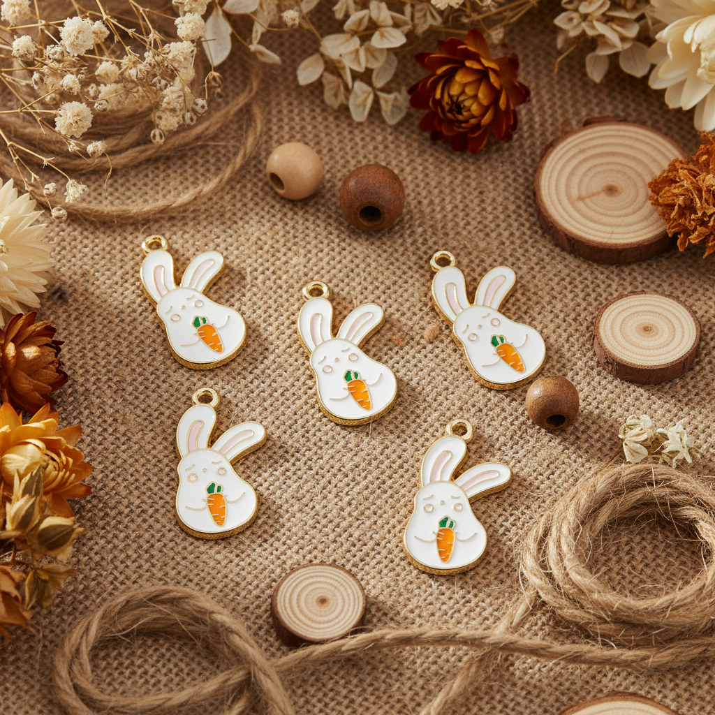Five white enamel bunny charms with gold-plated edges and a small orange carrot detail, arranged on a burlap fabric with rustic dried flowers, wood slices, and twine.