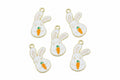 Five white bunny charms with gold-tone edges, holding small orange carrots with green tops, arranged on a white background.