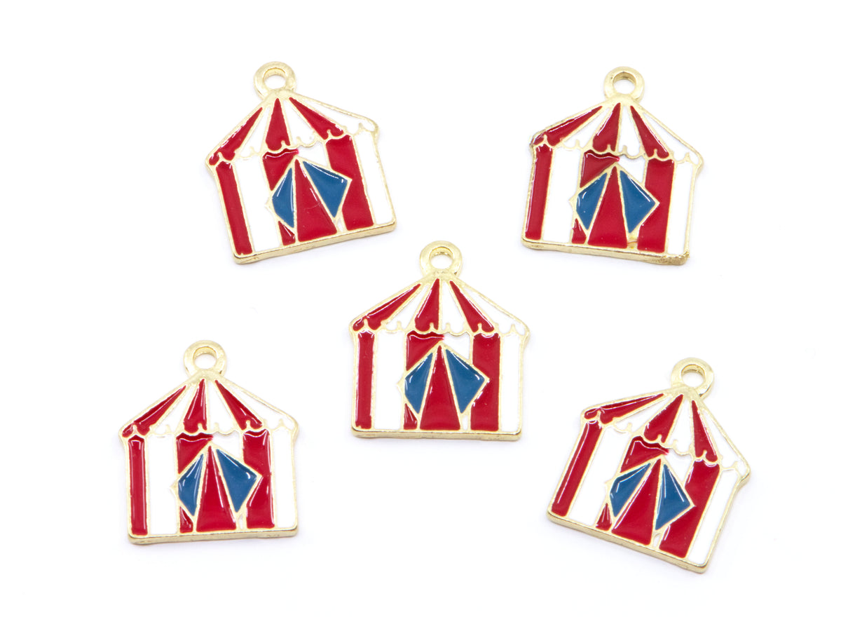 Five small circus tent charms with red and white stripes, blue center panels, and gold-tone metal edges, arranged on a plain white background.