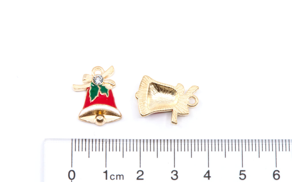 Two small gold bell-shaped charms, shown next to a cm ruler on a white background.