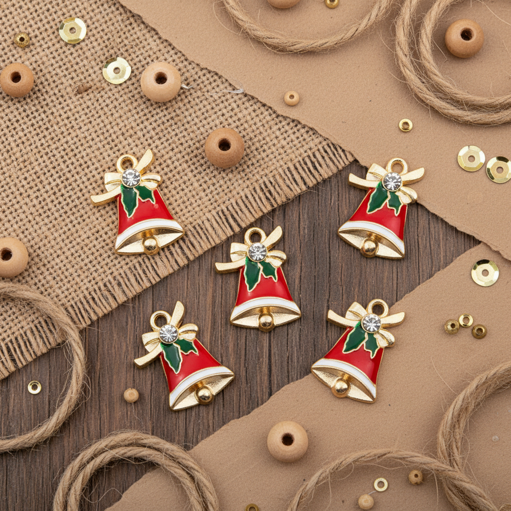 Five red and gold Christmas bell charms with green holly accents are arranged on a styled flat-lay background of burlap, wood, twine, and beads.