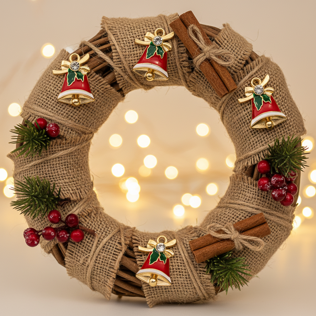 A rustic burlap Christmas wreath decorated with  red bell charms, cinnamon sticks, green pine sprigs, and red berries, set against a warm background with glowing fairy lights.