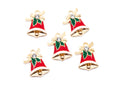 Five Christmas bell charms with red enamel, gold-tone metal borders, green holly leaves, and a clear rhinestone, arranged on a white background.