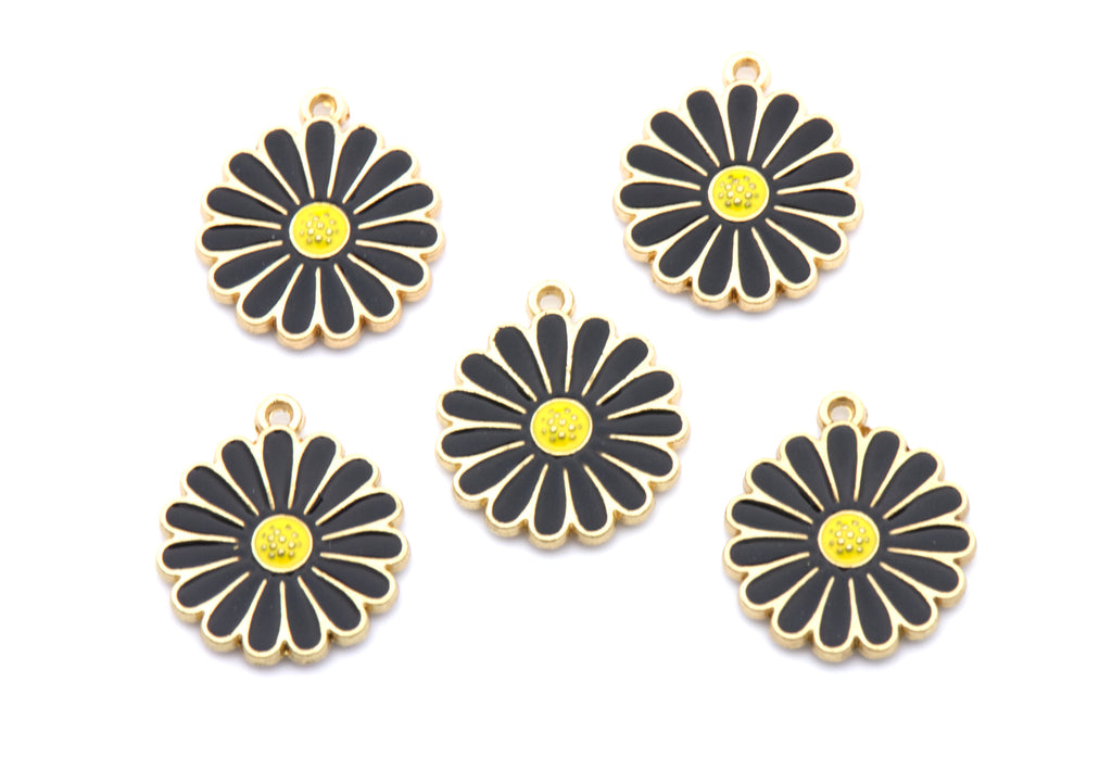 Daisy Flower Enamel Charms - Lot of Five - Black, Blue and Pink