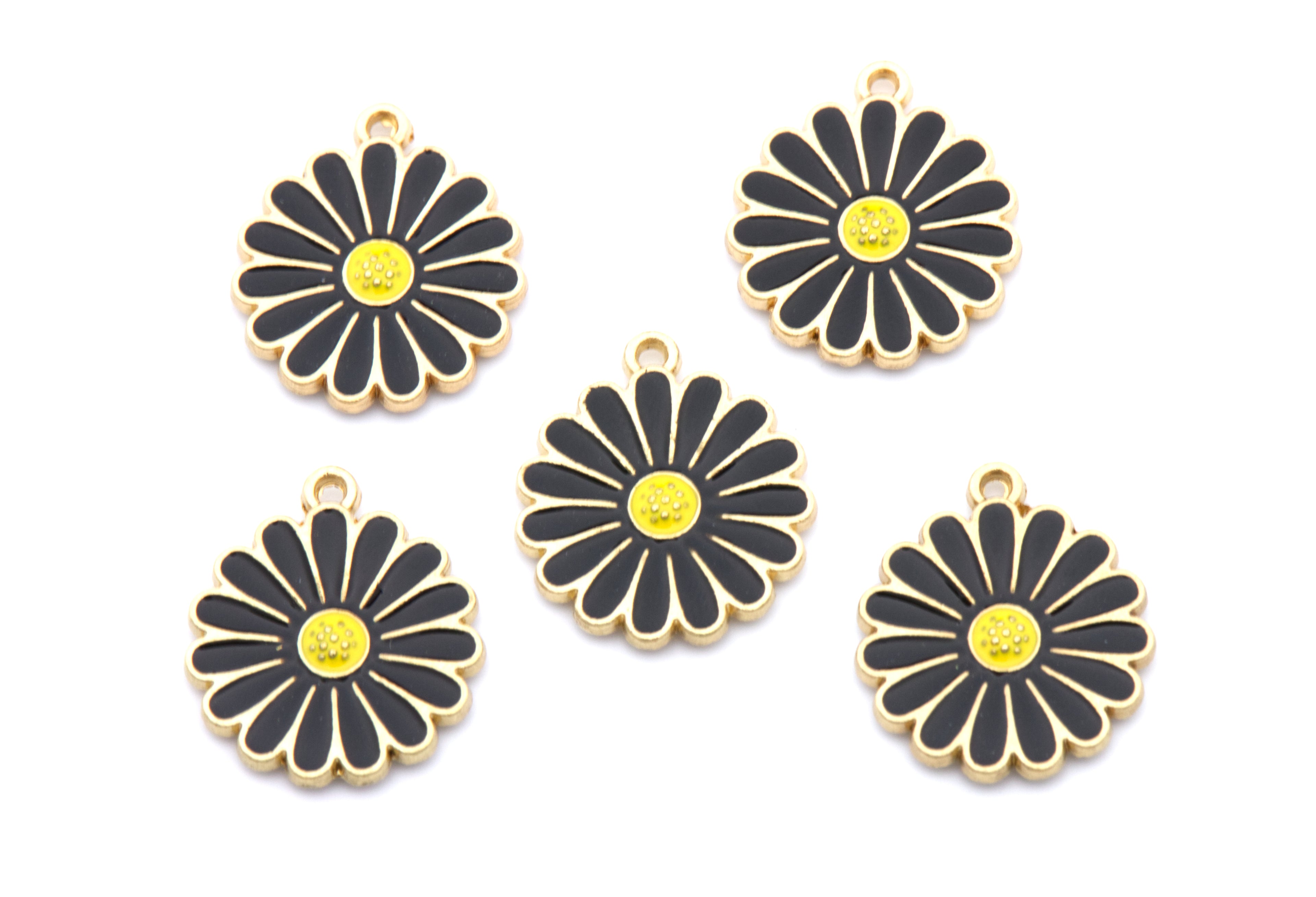 Daisy Flower Enamel Charms - Lot of Five - Black, Blue and Pink