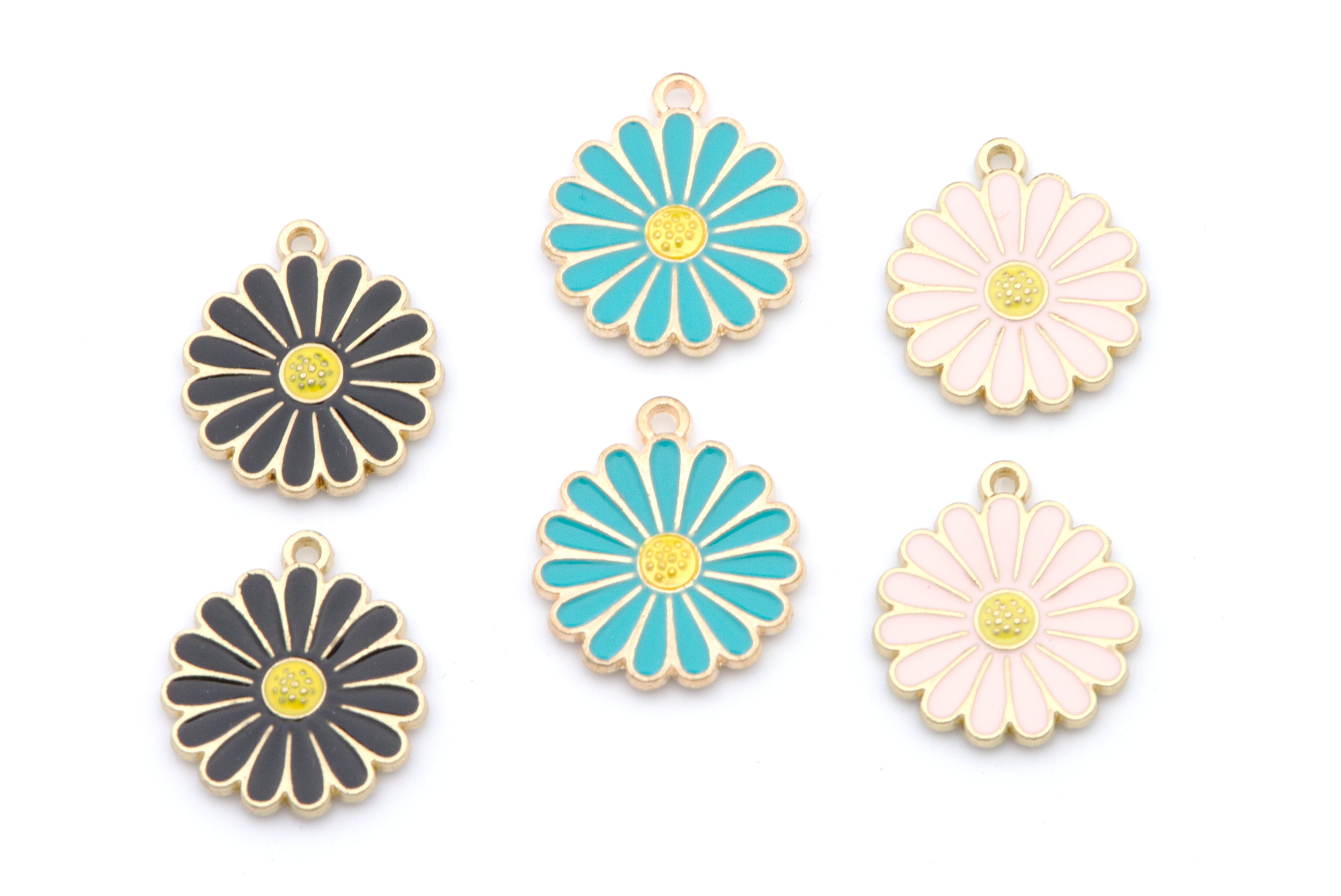 Daisy Flower Enamel Charms - Lot of Five - Black, Blue and Pink