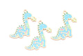 Three matching dinosaur-shaped jewelry charms in light blue enamel with multicolor floral patterns and gold-tone outlines, arranged on a plain white background.