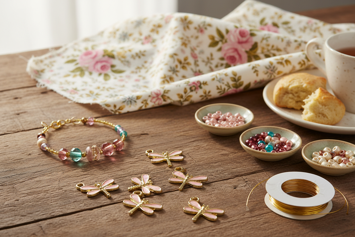 A styled flat-lay of jewelry-making supplies on a rustic wooden table, featuring gold dragonfly charms, a beaded bracelet, small bowls of colorful beads, a spool of gold wire, a floral napkin, and a cup of tea.