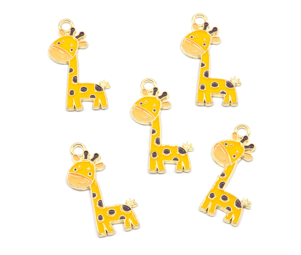Five yellow giraffe charms with brown spots and gold-tone loops, arranged on a plain white background.