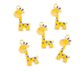 Five yellow giraffe charms with brown spots and gold-tone loops, arranged on a plain white background.