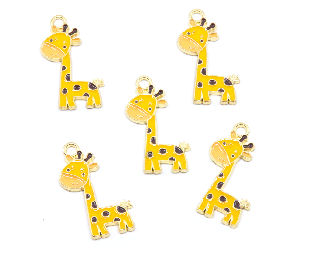 Five yellow giraffe charms with brown spots and gold-tone loops, arranged on a plain white background.