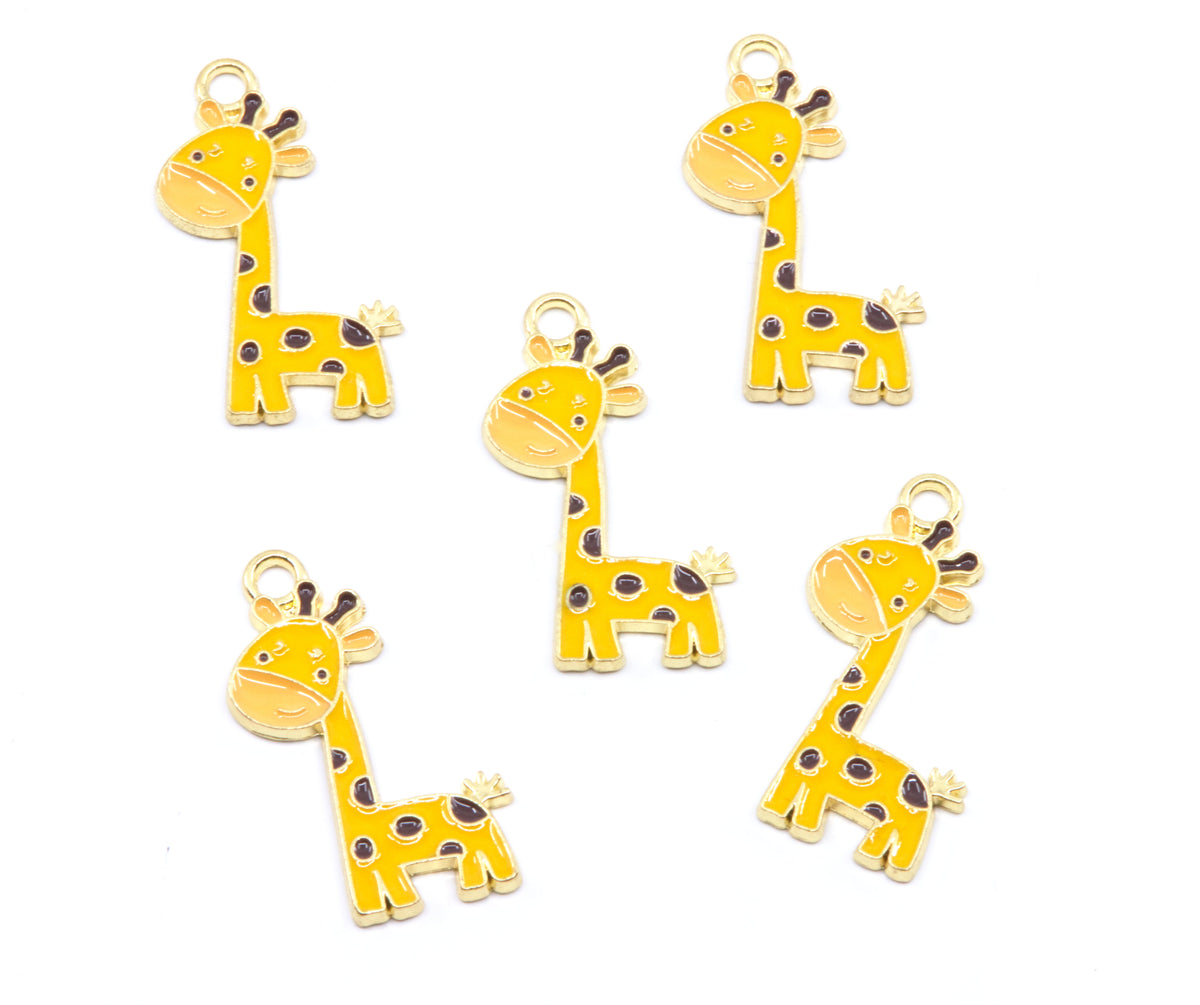 Five yellow giraffe charms with brown spots and gold-tone loops, arranged on a plain white background.