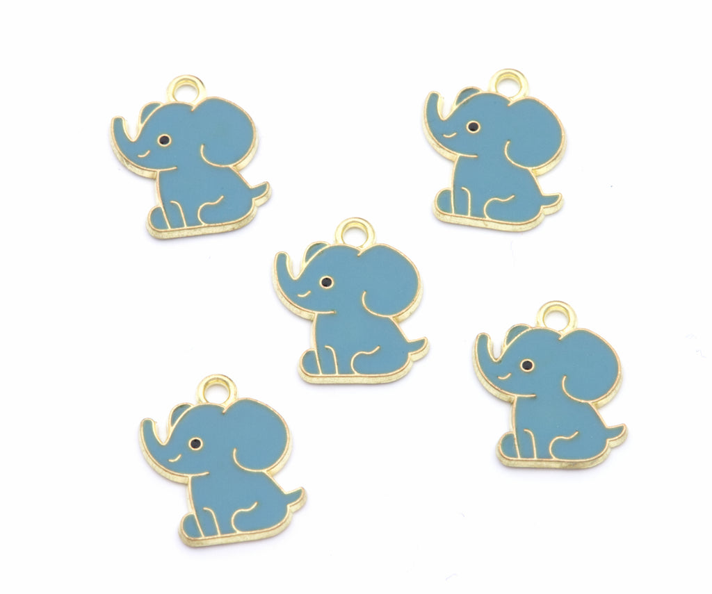 Five gray elephant charms with gold-tone metal outlines and loops at the top, arranged on a plain white background.